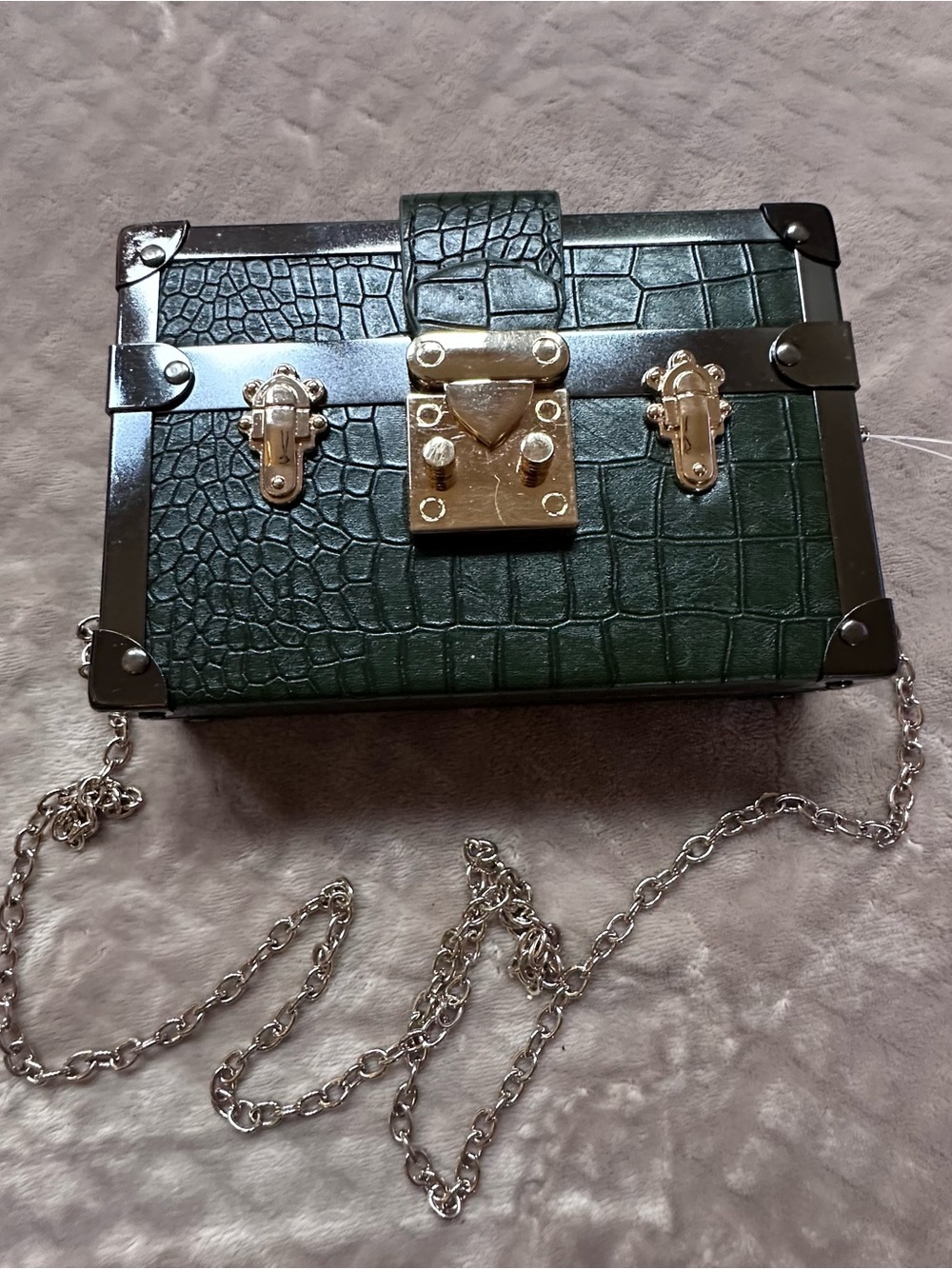 La Regale Dark Green Croc-Embossed Mini Trunk Bag with Gold Hardware